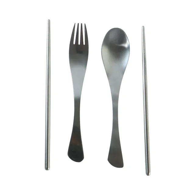 4-in-1 Portable Cutlery Set with Pouch, Steel Spoon Fork and Chopsticks (1 Set)