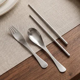 4-in-1 Portable Cutlery Set with Pouch, Steel Spoon Fork and Chopsticks (1 Set)