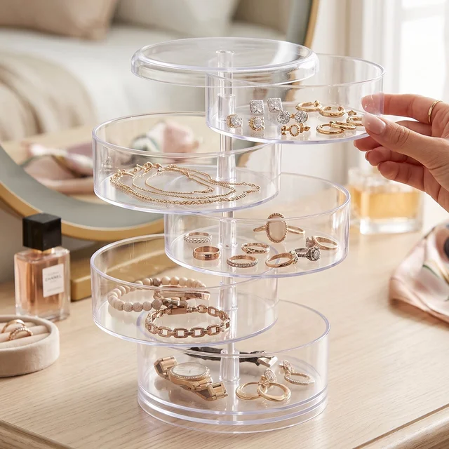 5 Layer Rotating Jewelry Storage Box Organizer for Rings Earrings Watches (1 Pc)