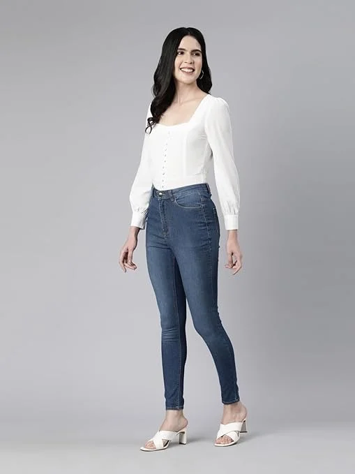 GO COLORS Women Solid Denim Mid Rise Stretchable Skinny Jeans AN - 32
