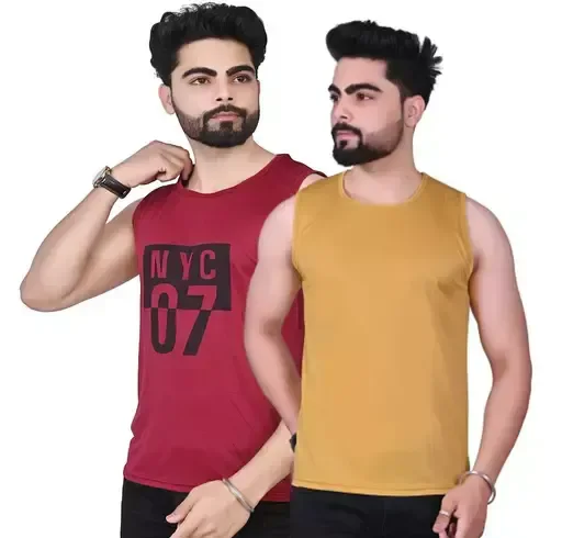 Men Plain Casual Sleeveless Tank T-shirt || Solid Plain Casual Nylon Round Neck Tshirt for Men Sleeveless Half Sleeve Full Sleeve || (Pack Of 2) Mo 