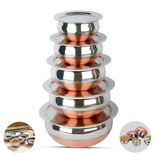 PANCA Stainless Steel Copper Bottom Handi, Cooking Serving Bowl, Cookware Set of 5 Pieces with lid Size: 1.600 L, 1.200 L, 0.850 L, 0.650 L, 0.400 L (Copper, Stainless Steel, Non-Stick) An