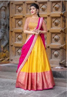 NECWA Women's Traditional Silk Lehegna Choli With Heavy Designer Embroidery Work Blouse Piece And Dupatta Voni Half Saree | Yellow Pink An