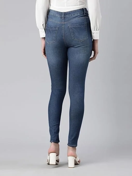 GO COLORS Women Solid Denim Mid Rise Stretchable Skinny Jeans AN - 32