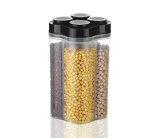 Clazkit Airtight Transparent Plastic Lock Food Storage 4 Section Container Jar for Grocery, Fridge Container Pack of 1, 2500ML - Black An