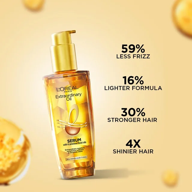 L'Oreal Paris Serum, Protection and Shine, For Dry, Flyaway & Frizzy Hair, With 6 Rare Flower Oils, Extraordinary Oil, 100ml An