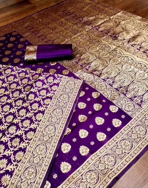 Banarasi Silk Purple Jacquard Saree With Blouse Mo - Free Size