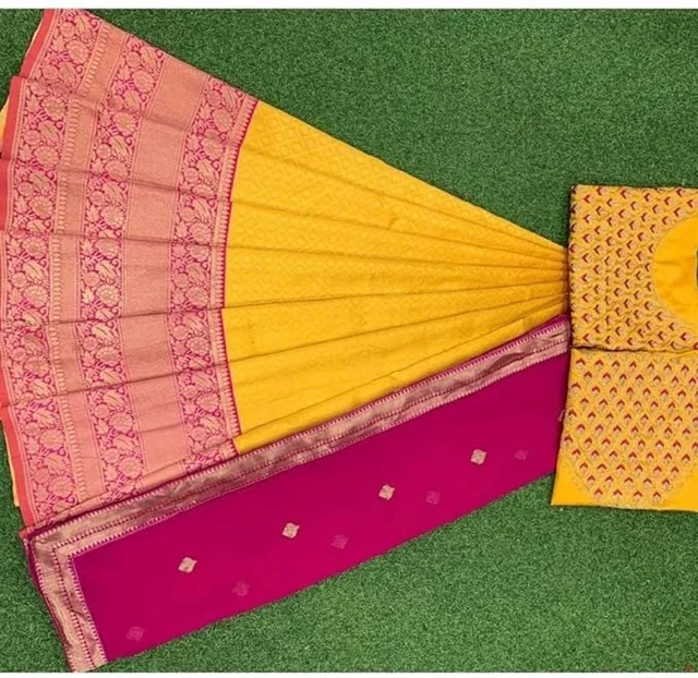 NECWA Women's Traditional Silk Lehegna Choli With Heavy Designer Embroidery Work Blouse Piece And Dupatta Voni Half Saree | Yellow Pink An