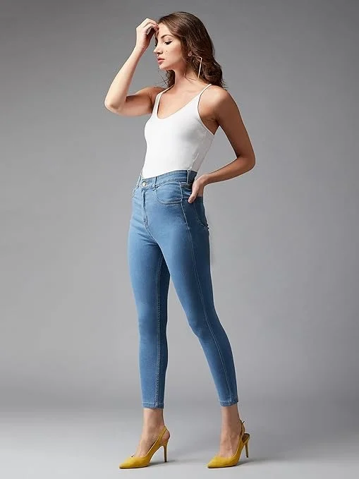Dolce Crudo Women's Skinny High Rise Ice Wash Clean Look Cropped Solid Stretchable Denim Jeans An - 34