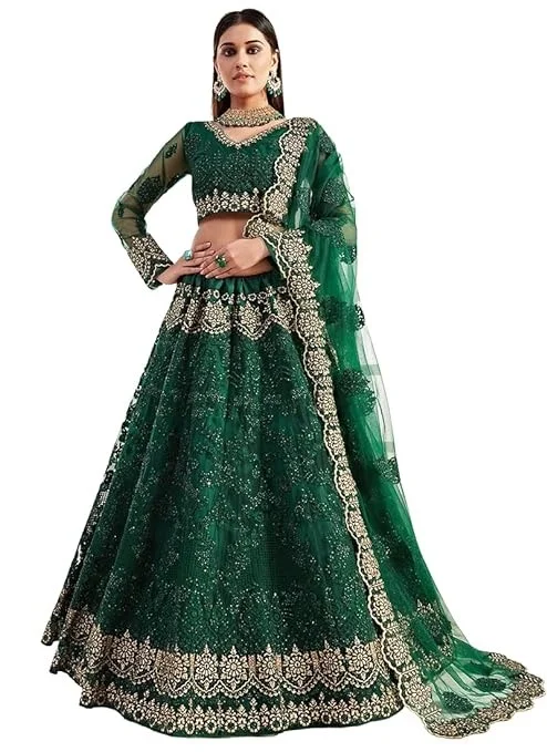 Bollyclues Women's Net Embroidered Semi-Stitched Lehenga Choli(2-Ton_Green_Free Size) An - Semi-stitched