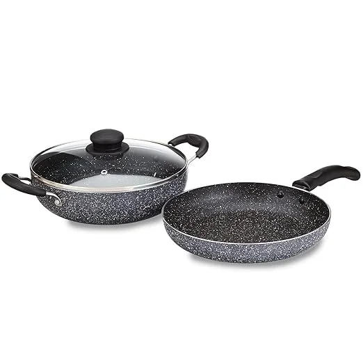  Solimo Aluminium 3 Piece Non-Stick Cookware Set|Granite Finish|Induction Base|Pfoa Free|High Temperature Resistant Exterior Coating|22 Cm Fry Pan,22 Cm Kadai,1 Glass Lid|Grey
