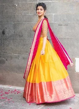 NECWA Women's Traditional Silk Lehegna Choli With Heavy Designer Embroidery Work Blouse Piece And Dupatta Voni Half Saree | Yellow Pink An