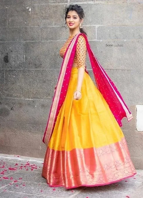 NECWA Women's Traditional Silk Lehegna Choli With Heavy Designer Embroidery Work Blouse Piece And Dupatta Voni Half Saree | Yellow Pink An