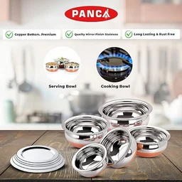 PANCA Stainless Steel Copper Bottom Handi, Cooking Serving Bowl, Cookware Set of 5 Pieces with lid Size: 1.600 L, 1.200 L, 0.850 L, 0.650 L, 0.400 L (Copper, Stainless Steel, Non-Stick) An