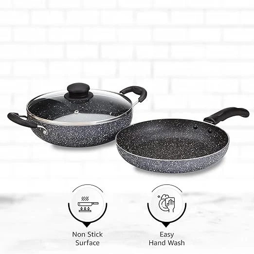Solimo Aluminium 3 Piece Non-Stick Cookware Set|Granite Finish|Induction Base|Pfoa Free|High Temperature Resistant Exterior Coating|22 Cm Fry Pan,22 Cm Kadai,1 Glass Lid|Grey