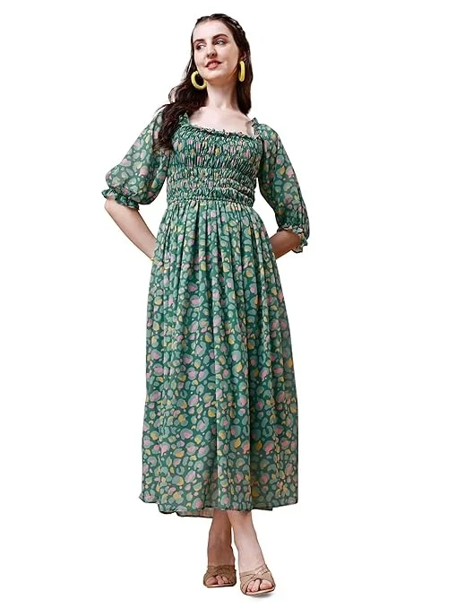 kanthir Women's Printed Georgette Square Neck 3/4 Sleeve Maxi Ethinic Wear Long Gown Dress (K_E_101015) An