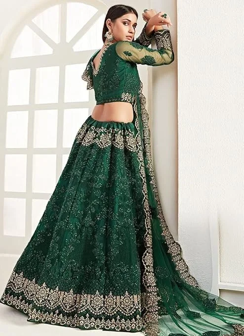 Bollyclues Women's Net Embroidered Semi-Stitched Lehenga Choli(2-Ton_Green_Free Size) An - Semi-stitched