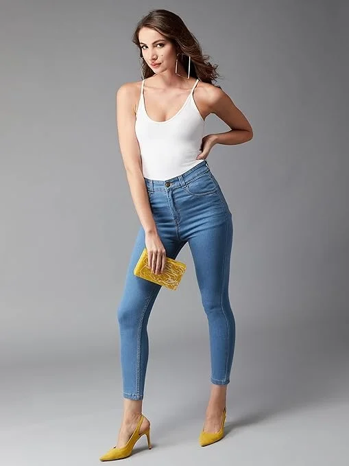 Dolce Crudo Women's Skinny High Rise Ice Wash Clean Look Cropped Solid Stretchable Denim Jeans An - 34