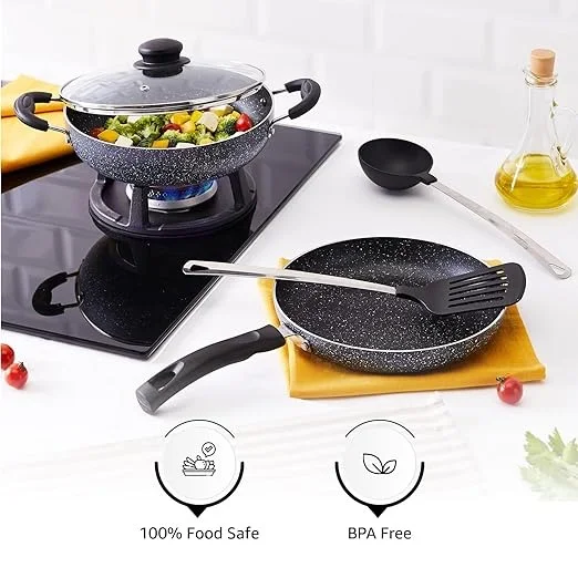 Solimo Aluminium 3 Piece Non-Stick Cookware Set|Granite Finish|Induction Base|Pfoa Free|High Temperature Resistant Exterior Coating|22 Cm Fry Pan,22 Cm Kadai,1 Glass Lid|Grey