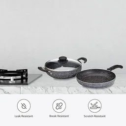 Solimo Aluminium 3 Piece Non-Stick Cookware Set|Granite Finish|Induction Base|Pfoa Free|High Temperature Resistant Exterior Coating|22 Cm Fry Pan,22 Cm Kadai,1 Glass Lid|Grey
