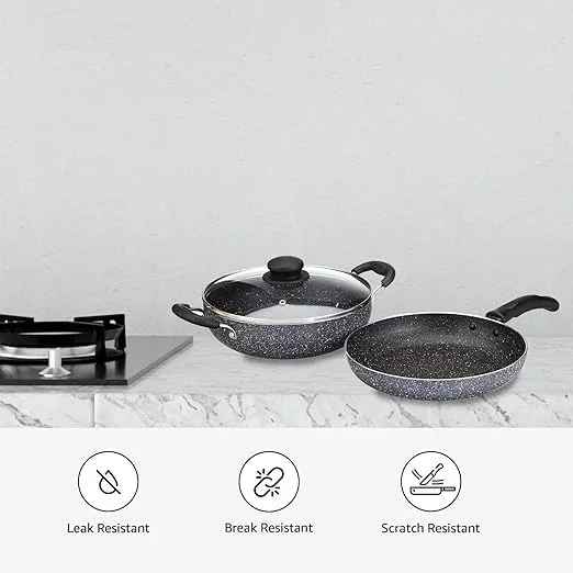 Solimo Aluminium 3 Piece Non-Stick Cookware Set|Granite Finish|Induction Base|Pfoa Free|High Temperature Resistant Exterior Coating|22 Cm Fry Pan,22 Cm Kadai,1 Glass Lid|Grey