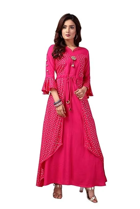 madhuram textiles Foil Printed Rayon Double Layered & Tiered Ethnic with 3/4 Sleeve Length Kurta for Women's All Occasions An