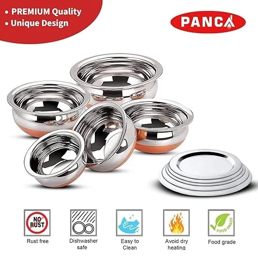 PANCA Stainless Steel Copper Bottom Handi, Cooking Serving Bowl, Cookware Set of 5 Pieces with lid Size: 1.600 L, 1.200 L, 0.850 L, 0.650 L, 0.400 L (Copper, Stainless Steel, Non-Stick) An