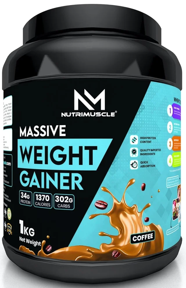 Nutrimuscle Massive Weight Gainer - 1kg - COFFEE Flavour For Weight & Mass Gain, Contains Complex Carbohydrates, Bcaa, Digestive Enzymes & Essential Vitamins & Minerals An - 1Kg