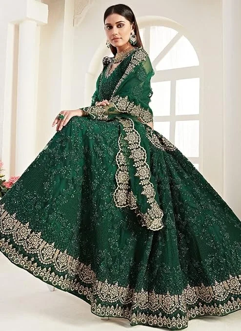 Bollyclues Women's Net Embroidered Semi-Stitched Lehenga Choli(2-Ton_Green_Free Size) An - Semi-stitched