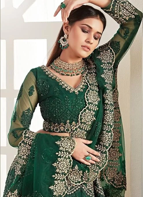 Bollyclues Women's Net Embroidered Semi-Stitched Lehenga Choli(2-Ton_Green_Free Size) An - Semi-stitched
