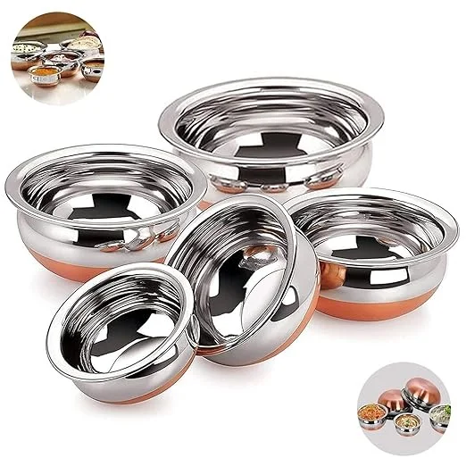 PANCA Stainless Steel Copper Bottom Handi, Cooking Serving Bowl, Cookware Set of 5 Pieces with lid Size: 1.600 L, 1.200 L, 0.850 L, 0.650 L, 0.400 L (Copper, Stainless Steel, Non-Stick) An