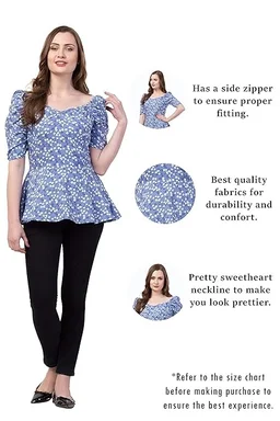 ZUVINO Women's Rayon Floral Peplum Top with Princess Sleeve; Office wear, Summer Wear An - L