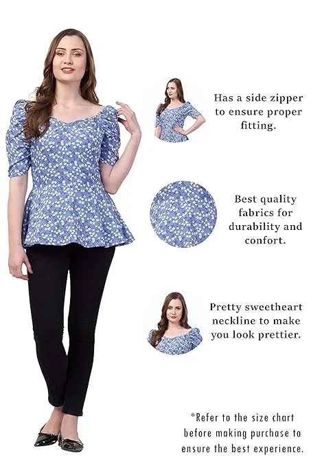 ZUVINO Women's Rayon Floral Peplum Top with Princess Sleeve; Office wear, Summer Wear An - L
