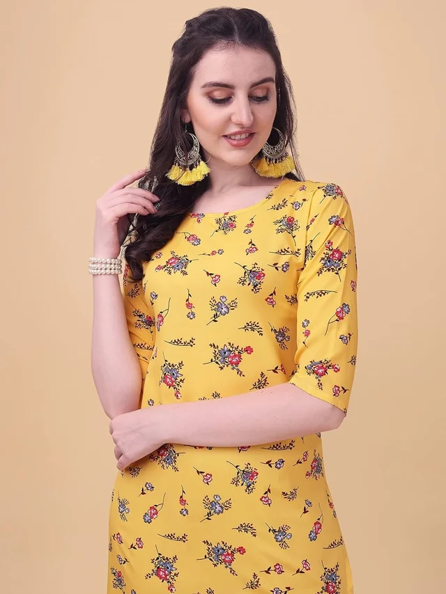LookMark Women's Crepe Printed Regular Kurti | Kurta (K1100-S) Yellow AN - L
