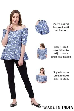 ZUVINO Women's Rayon Floral Peplum Top with Princess Sleeve; Office wear, Summer Wear An - L