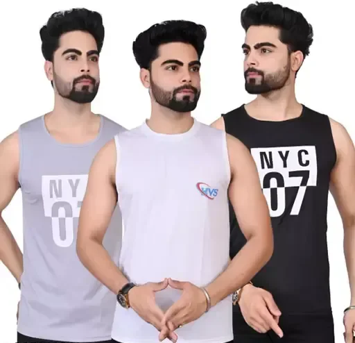 krishna Men's Solid and Colorblock Sleeveless Gym Vest and Active Vest In Multicolor With Pack Of 3 pcs Mo