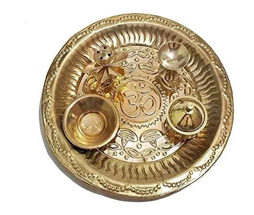 HOLYMONT99 Pure Brass Puja Thali 5 Piece Set All Size Available - Medium
