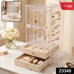 Acrylic Jewelry Organizer Box, 3 Hanging Panels and 2 Drawers for Earrings (1 Set)