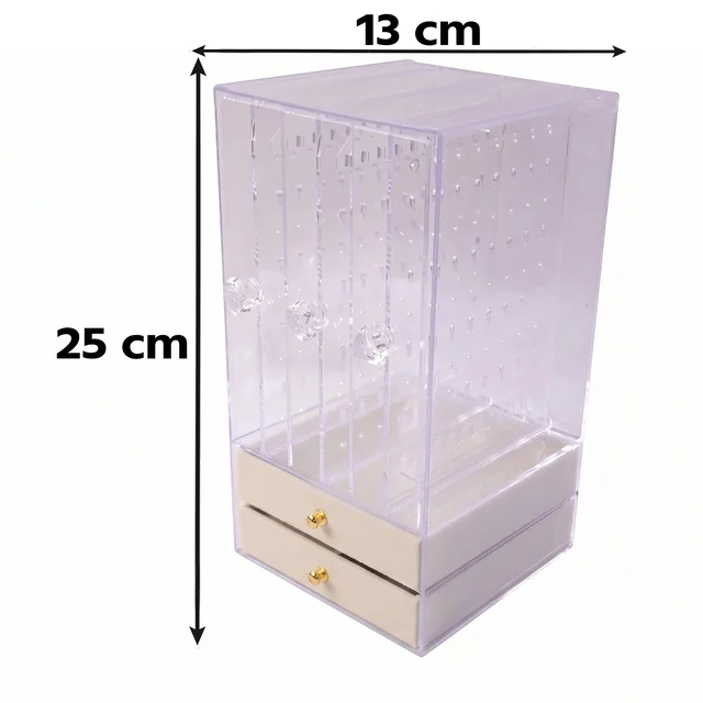 Acrylic Jewelry Organizer Box, 3 Hanging Panels and 2 Drawers for Earrings (1 Set)