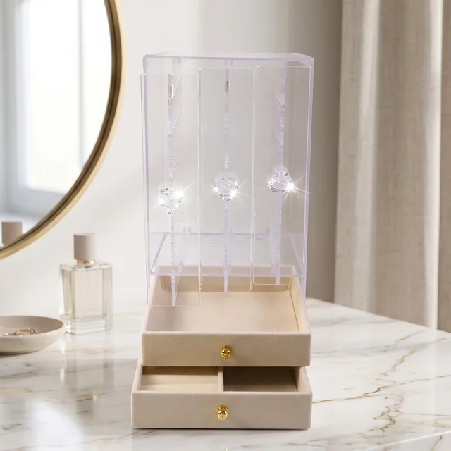Acrylic Jewelry Organizer Box, 3 Hanging Panels and 2 Drawers for Earrings (1 Set)