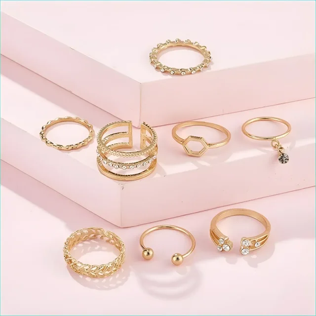VIDALI 8 Pcs White Crystal Drop Heart Ring Set For Women And Girls Alloy Gold Plated Ring Se