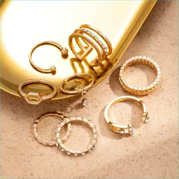 VIDALI 8 Pcs White Crystal Drop Heart Ring Set For Women And Girls Alloy Gold Plated Ring Se