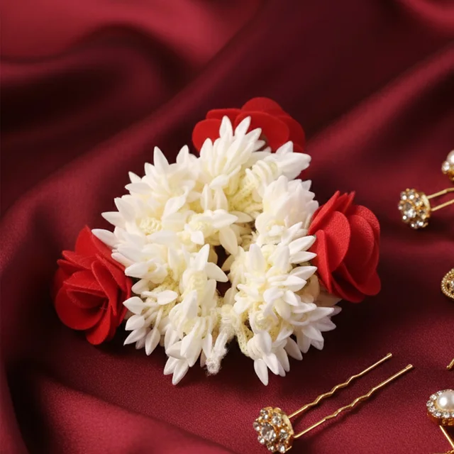 Artificial Flower Gajra – Traditional Red Rose & Jasmine Hair Accessory