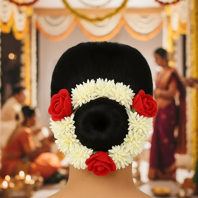 Artificial Flower Gajra – Traditional Red Rose & Jasmine Hair Accessory