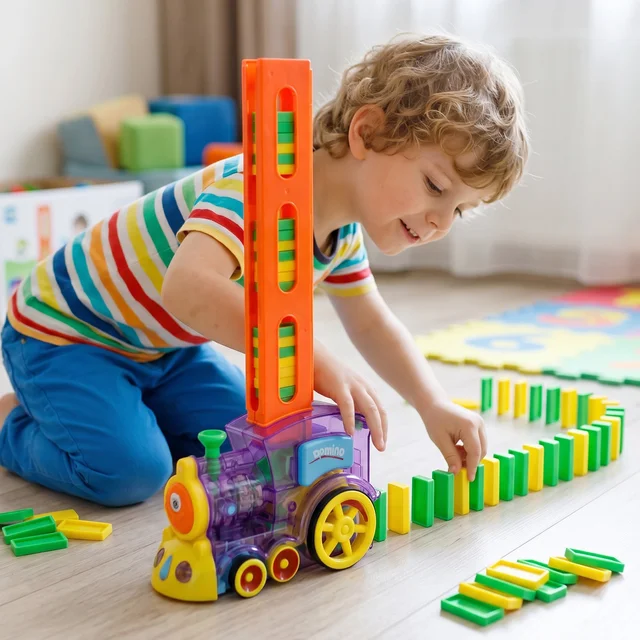 Automatic Domino Laying Train Engine Toy with Light and Music for K...