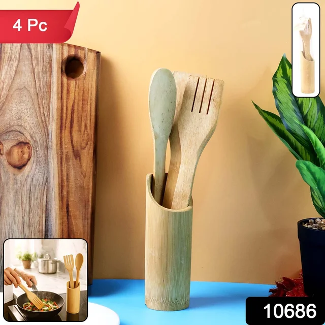 Bamboo Spatula Set – Eco-Friendly 4 Pc Cooking Utensils with Holder