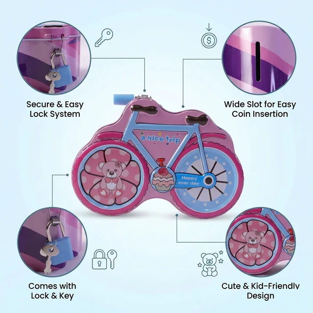 Bicycle Shape Piggy Bank – Colourful Kids’ Saving Toy with Lock