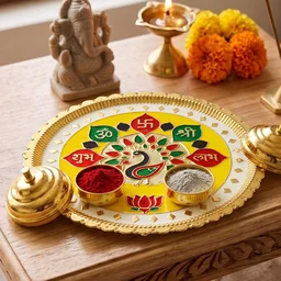 Big Decorative Pooja Thali, Golden Meenakari Puja Plate with Kumkum Bowls (1 Pc)
