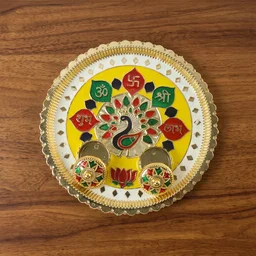 Big Decorative Pooja Thali, Golden Meenakari Puja Plate with Kumkum Bowls (1 Pc)