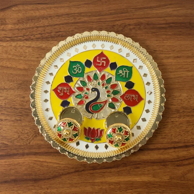 Big Decorative Pooja Thali, Golden Meenakari Puja Plate with Kumkum Bowls (1 Pc)